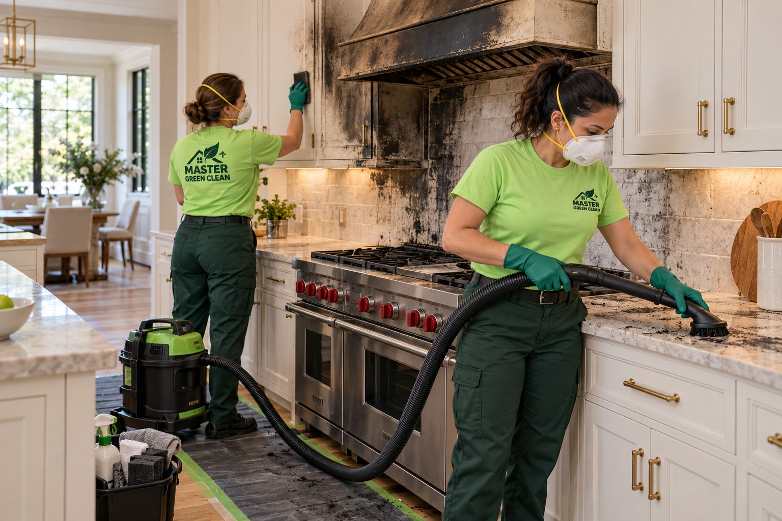 Crew in lime-green Master Green Clean shirts cleaning heavy soot and smoke damage in a kitchen, wiping cabinets and HEPA-vacuuming the counter beside a blackened range hood