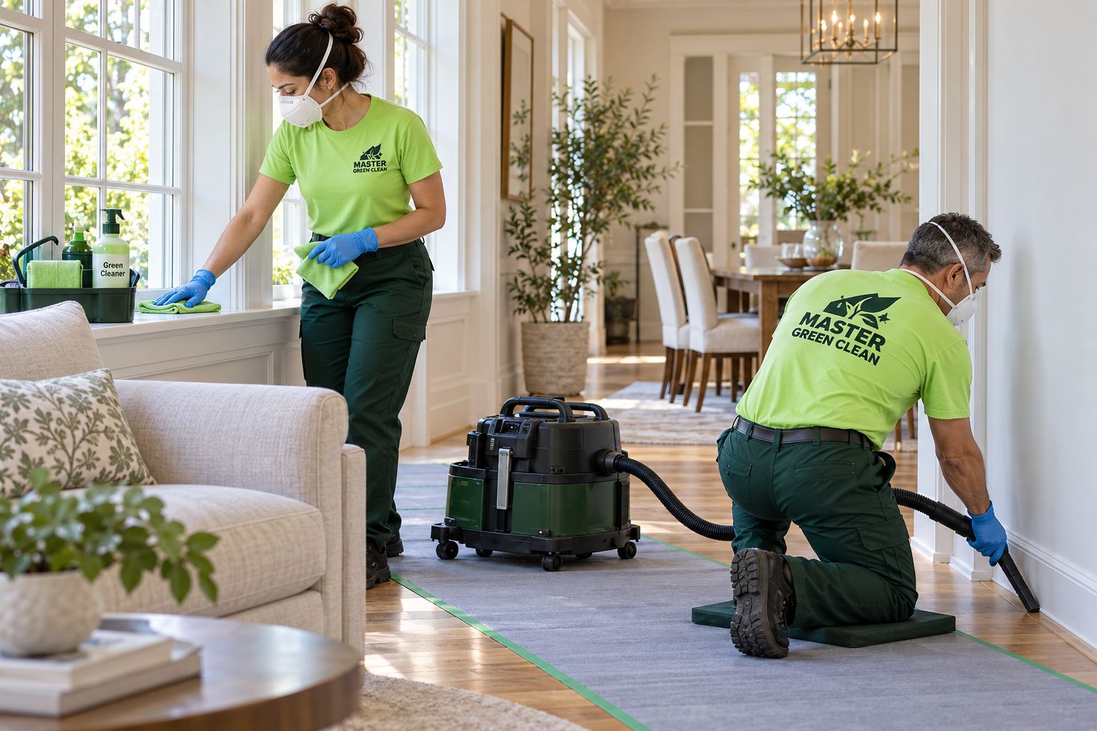 Two crew members in lime-green Master Green Clean shirts cleaning a bright living room, one wiping a window sill and one vacuuming a baseboard on a protective floor runner