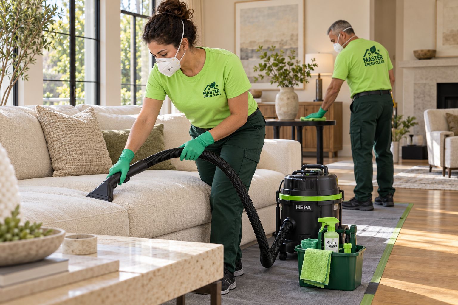 Master Green Clean crew HEPA-vacuuming a sofa and wiping furniture in a living room